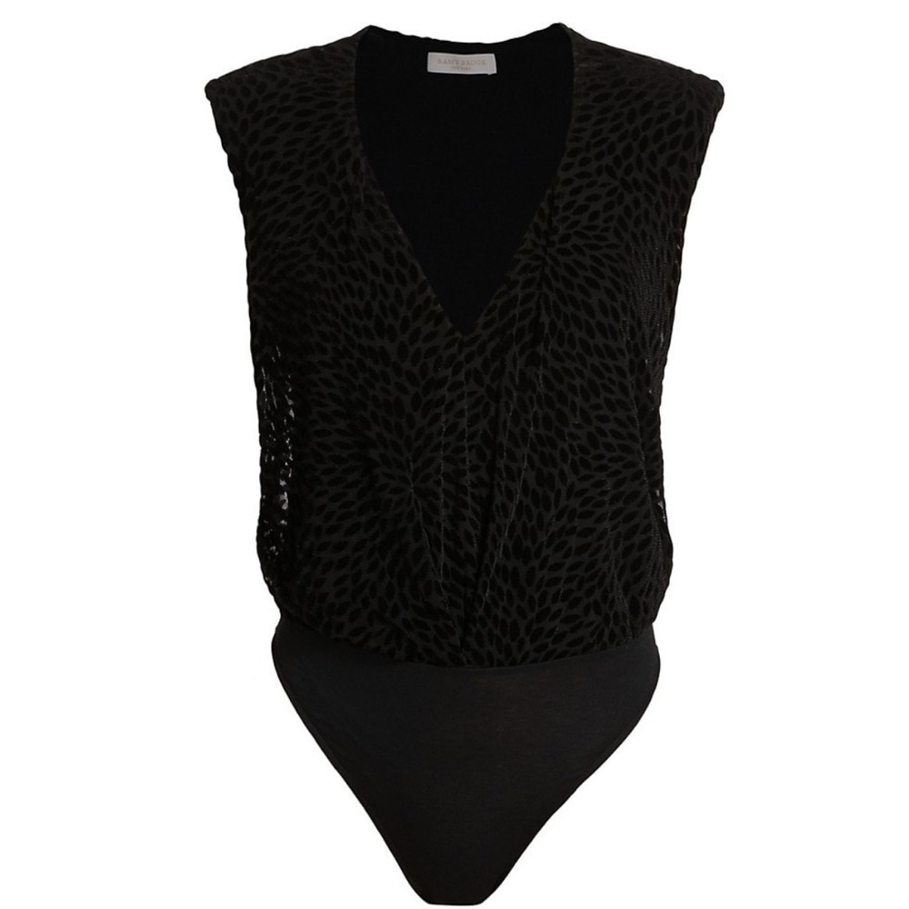 Ramy Brook Black Regina Velvet Embossed Burnout Cap Sleeve V-Neck Bodysuit XS